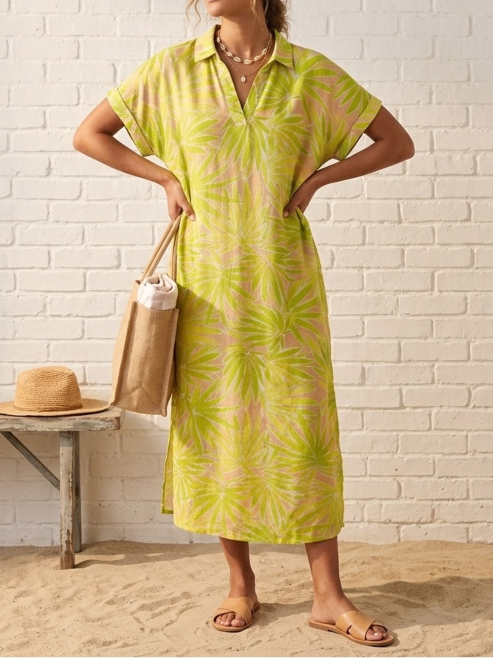 Sigrid Olsen Linen Blend Tropical Palm Leaf Maxi Dress Pockets Medium